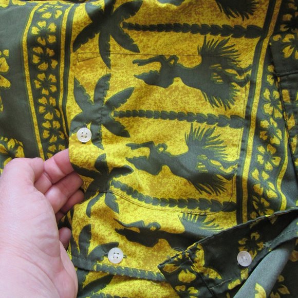 Vintage Ocean Pacific OP Hawaiian Shirt Green Palm Trees Women Dancing Large EUC - Picture 15 of 15